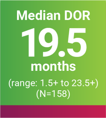 Median DOR 19.5 months (range: 1.5+ to 23.5+) (N=158)